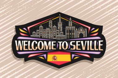 Seville için vektör logosu, Seville şehrinin alacakaranlık gökyüzü arkaplanının ana hatlarıyla tasvir edilmiş siyah dekoratif etiketi, sanat tasarımı buzdolabı mıknatısı eşsiz fırça harfleriyle Seville 'e hoş geldiniz..