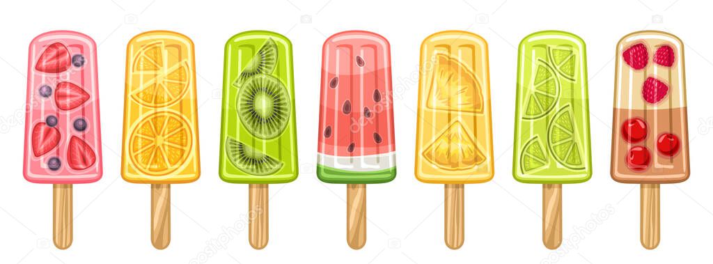 Vector set of Fruit Popsicle, lot collection of 7 cut out illustrations of berry and fruit ice creams, banner with group of variety fruity popsicles for kids with wooden sticks on white background.