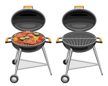 Barbekü ızgaralarının vektör çizimleri, kızarmış domuz bifteği ve leziz ızgara sebzeler, beyaz arka planda boş ızgarayla izole edilmiş yuvarlak barbekü..