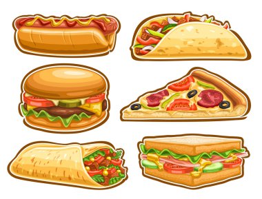 Vektör Fast Food Set, bir sürü kesilmiş çizimler hardallı ve ketçaplı lezzetli sosisli sandviç, kıymalı taco, leziz çizburger, bir dilim gurme İtalyan pizzası ve paketlenmiş shawarma.