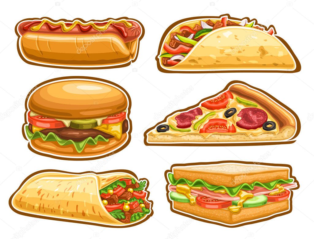 Vector Fast Food Set, lot collection of cut out illustrations tasty hot dog with mustard and ketchup, taco with ground meat, delicious cheeseburger, slice of gourmet italian pizza and wrapped shawarma