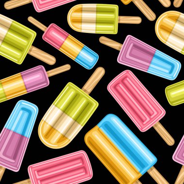 Vector Fruit Popsicle Seamless Pattern, square repeating fruit ice creams background for kids textile, poster with cut out illustrations of various cool fruity popsicles on sticks on black background. clipart
