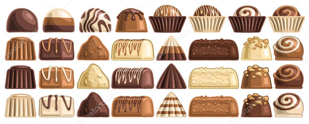 Vector set of Chocolate Candies, lot collection of cut out illustrations of assorted yellow and brown decorated candies, banner with group of chocolate sweets for romantic holiday on white background.