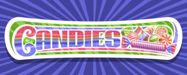 Şekerler için vektör pankartı, çeşitli ambalajlı beyaz tabela ve çizgili lezzetli şekerler, mavi arkaplan ışınları üzerinde metin şekerleri için eşsiz fırça harfleri ile kupon ekleyin.