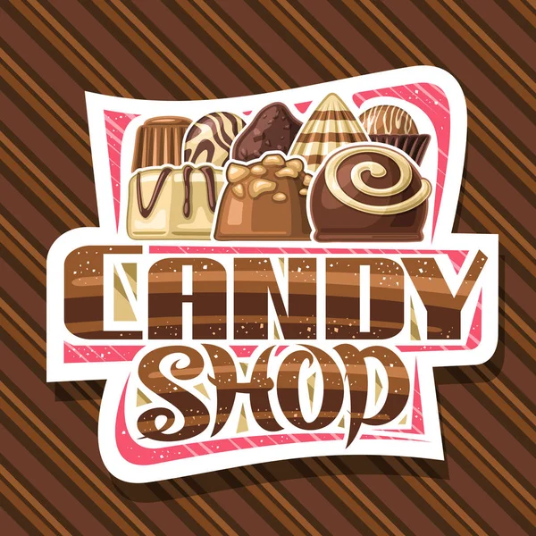Logo Wektorowe Candy Shop Wycięty Papier Ilustracją Różnych Pralinek Czekoladowych — Wektor stockowy