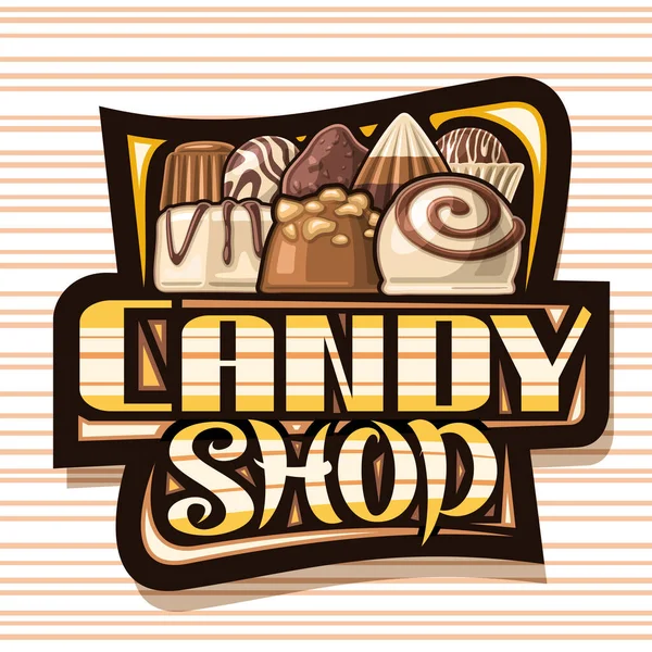 Векторный Логотип Candy Shop Темная Вывеска Иллюстрацией Различных Шоколадных Пралине — стоковый вектор