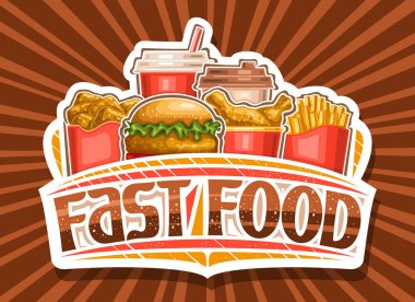 Fast Food için vektör logosu, Amerikan kafesi için kağıt panosu kırmızı karton kovada kızarmış tavuk parçaları, marullu tavuk burger, köpüklü içecek ve fast food kelimeleri..