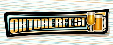 Oktoberfest için vektör panosu, koyu dekoratif tabela, tam burunlu cam ve bira kupası çizimi, mavi çizgili arka planda kelime oktoberfest için eşsiz fırça harfleri ile kupon ekleyin.