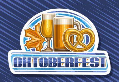 Oktoberfest için vektör logosu, beyaz dekoratif tabela, hafif biralı çizgi film içkisi, bira bardağı ve tuzlu Alman krakeri çizimi, mavi kelime toberfest için eşsiz fırça harfleri.