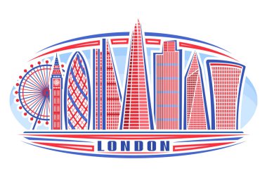 Londra 'nın vektör illüstrasyonu, doğrusal tasarımı olan yatay poster gökyüzü arka planında ünlü Londra şehri manzarası, mavi kelime Londra için dekoratif harflerle Avrupa kentsel çizgi sanat konsepti.
