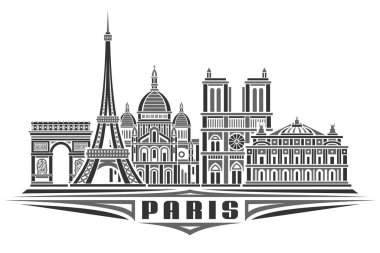 Paris 'in vektör illüstrasyonu, doğrusal tasarımı olan tek renkli yatay poster ünlü Paris şehir manzarası, şehir çizgisi sanat konsepti beyaz arka planda siyah kelime Paris için eşsiz dekoratif harflerle.