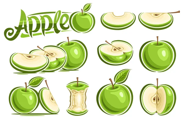 Vector Set Green Apples Lot Collection Cutout Illustrations Whole Sliced — Stock Vector