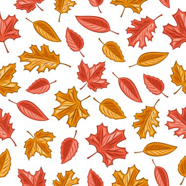 Vektör Yaprakları Kusursuz Şablon, mevsimsel sonbahar iç kısımları için kare tekrarlayan arka plan, beyaz arka planda gövdesi olan farklı sonbahar yapraklarının kesilmiş resimlerinin olduğu poster.
