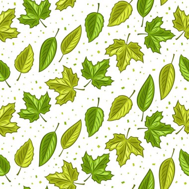 Vektör Yaprakları Kusursuz Desen, mevsimlik iç mekan için kare tekrarlayan arkaplan, beyaz arkaplan üzerinde sıralı yeşil yaprakların kesik çizimleri ile poster.