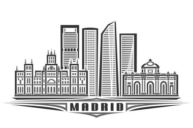 Madrid 'in vektör illüstrasyonu, doğrusal tasarımı olan tek renkli yatay poster ünlü Madrid şehir manzarası, şehir çizgisi sanat konsepti beyaz arkaplan üzerindeki siyah kelime Maddy için eşsiz dekoratif harflerle