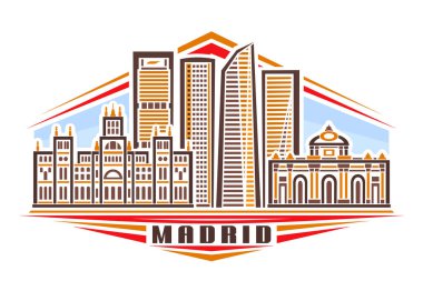 Madrid 'in vektör illüstrasyonu, doğrusal tasarımı olan yatay poster, gündüz gökyüzü arka planında Avrupai şehir manzarası, beyaz arkaplanda Maddy için dekoratif harflerle kentsel çizgi sanat konsepti