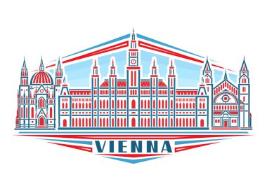 Viyana 'nın vektör illüstrasyonu, doğrusal tasarımı olan yatay poster gökyüzü arka planında tarihi Viyana şehri manzarası, beyaz üzerine mavi harflerle yazılan dekoratif şehir çizgisi sanat konsepti.
