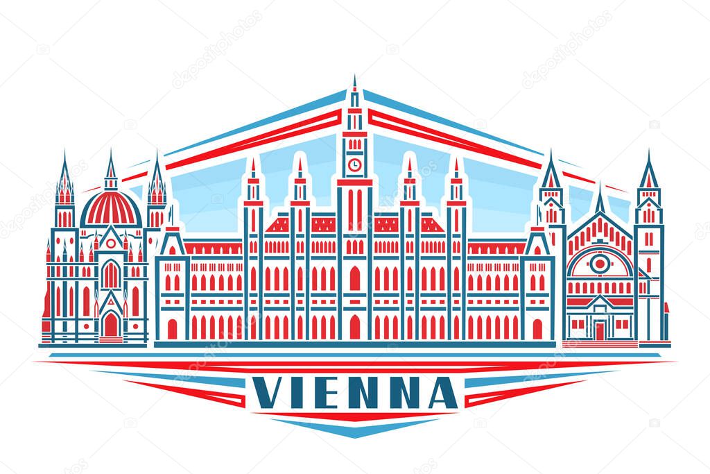 Vector illustration of Vienna, horizontal poster with linear design historic vienna city scape on day sky background, urban line art concept with decorative lettering for blue word vienna on white.