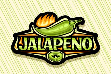 Jalapeno için vektör logosu, çizgi film tasarımlı yatay dekoratif poster yanan jalapeno biberi, yeşil çizgili arka planda Jalapeno metni için eşsiz fırça harfleri olan koyu renkli çıkartma.