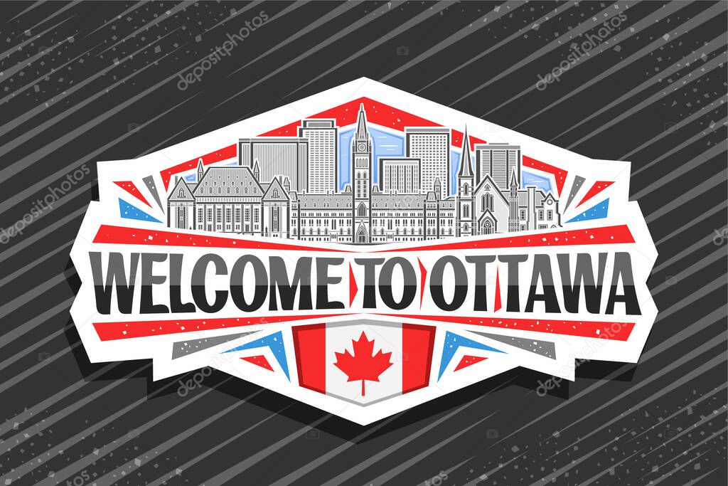 Vector logo for Ottawa, decorative cut paper label with detailed illustration of panoramic ottawa city scape on day sky background, art design refrigerator magnet with black words welcome to ottawa