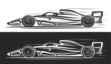 F1 yarış arabası için vektör logosu, tek renkli otomotiv afişleri, hareket halindeki modern f1 konsept arabanın el çizimi, siyah beyaz arka planda kazanan spor arabanın çizimi