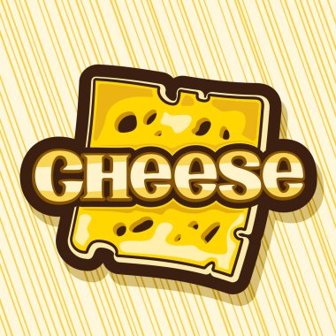 Peynir dilimi için vektör logosu, kahverengi çizgili taslak çizgili Amerikan peyniri dilimi çizimi hamburger için ve sarı çizgili arka planda yazı peyniri için eşsiz fırça harfi