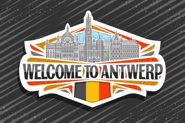 Antwerp için vektör logosu, panoramik antwerp şehir manzarasının detaylı resimleriyle dekoratif kesilmiş kağıt etiket gökyüzü arka planında, sanat tasarım buzdolabı mıknatısı siyah kelimelerle Antwerp 'e hoş geldiniz