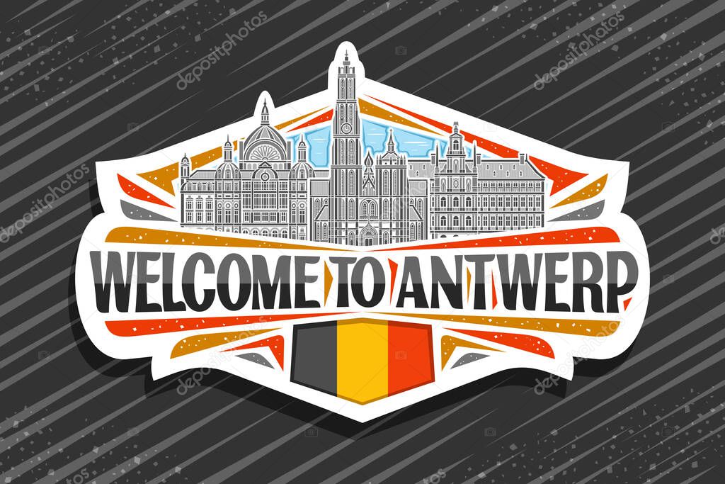 Vector logo for Antwerp, decorative cut paper tag with detailed illustration of panoramic antwerp city scape on day sky background, art design refrigerator magnet with black words welcome to antwerp