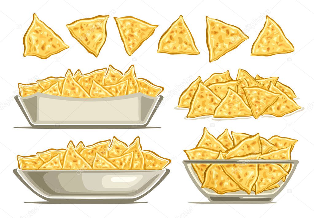 Vector Different Nachos Set, horizontal poster with group of cut out illustrations various nachos chips, placard with collection of many variety nachos in glass and carton dish on white background