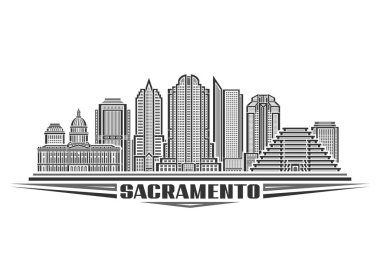 Sacramento 'nun vektör illüstrasyonu, doğrusal tasarım Sacramento şehir manzaralı tek renkli yatay kart, beyaz arkaplanda koyu renkli metin Sacramento için dekoratif harflerle kentsel çizgi sanat konsepti