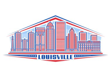 Louisville 'in vektör illüstrasyonu, doğrusal tasarım ile yatay dekoratif tabela Louisville şehir manzarası gökyüzü arka planında, şehir vatanseverlik çizgisi sanat konsepti metin louisville için eşsiz harflerle.