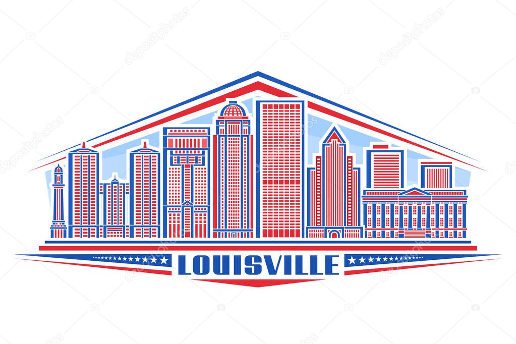Vector illustration of Louisville, horizontal decorative sign with linear design louisville city scape on day sky background, urban patriotic line art concept with unique lettering for text louisville