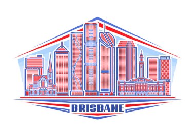 Vector illustration of Brisbane, horizontal decorative sign with linear design famous brisbane city scape on day sky background, urban line art concept with unique brush letters for blue text brisbane