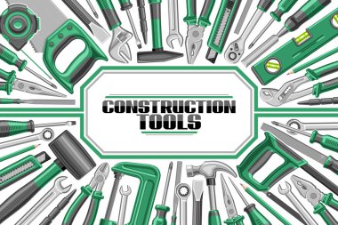 Reklam için kopyalama alanı olan İnşaat Araçları için vektör şablonu, birçok profesyonel el aletlerinin resimli dekoratif düzeni, kelime inşa araçları etrafında çeşitli iş ürünleri ile tanıtım makbuzu