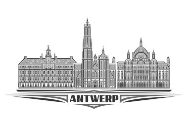 Antwerp 'in vektör illüstrasyonu, tek renkli yatay kart doğrusal tasarım tarihi antwerp şehir manzarası, şehir çizgisi sanat konsepti siyah metin için antwerp beyaz zemin üzerinde dekoratif harflerle