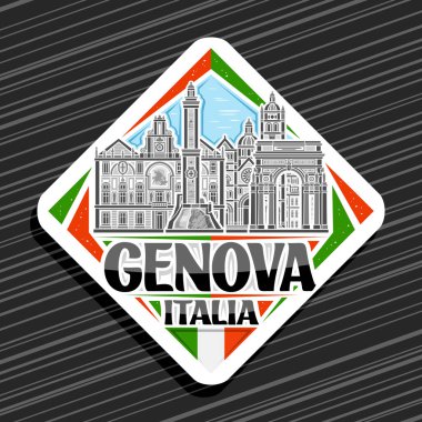 Cenova için vektör logosu, ünlü tarihi Genova şehir manzarasının detaylı resimleriyle beyaz rhomb yol tabelası, sanat tasarımı buzdolabı mıknatısı siyah kelimeler için eşsiz fırça harfleri Genova, İtalya