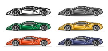 Vector Super Car seti, yatay otomotiv plaketi gelecekten gelen egzotik arka motorlu arabaların 6 çizimi, aşırı yüksek teknolojili süper arabaların beyaz arka plandaki renkli tırmanışı.