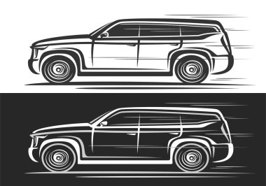 SUV Car için vektör logosu, siyah beyaz arka planda hareket eden tek renkli spor spor aracı çizgisi çizimi ile otomotiv dekoratif afişi.
