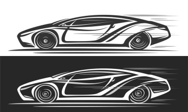 Futuristik Araba için vektör logosu, tek renkli otomotiv afişleri, modern alışılmadık konsept araba klipsi sanatı, siyah beyaz arka planda eşsiz fütüristik araba çalışması.