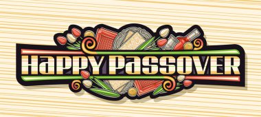 Hamursuz Bayramı için vektör logosu, geleneksel Fısıh bayramı sembollerinin resmedildiği yatay davet, sarı çizgili arka planda dilekler için özel harfler.