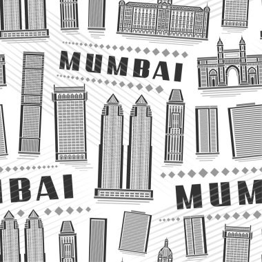 Vector Mumbai Kusursuz Şablon, kare arkaplan, modern mumbai şehrinin ana hatlarıyla özetlenmiş beyaz arkaplan yatak örtüsü ya da kumaş, monokrom çizgisi şehir kapağı koyu metin mumbai