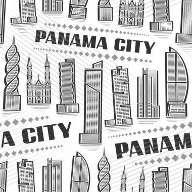Vektör Panama Şehri pürüzsüz şablonu, kare arkaplan, modern Amerikan şehir manzarasının ana hatlarıyla bembeyaz arkaplan örtüsü, monokrom çizgisi, Panama City yazılı şehir pankartı.