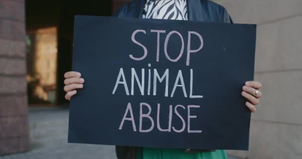 Mãos femininas segurando cartaz de papelão com parar abuso animal escrevendo sobre ele na rua da cidade. Ponto de vista da mulher ativista em greve pelos direitos dos animais. Conceito de problema social. — Vídeo de Stock