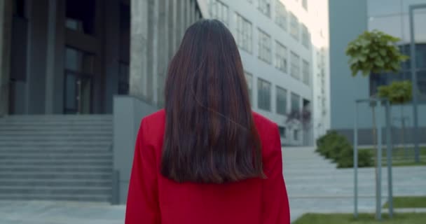 Achteraanzicht van een zakenvrouw met lang donker haar die op straat loopt in het zakencentrum terwijl de wind haar haar haar blaast. Concept van succesvolle mensen. — Stockvideo