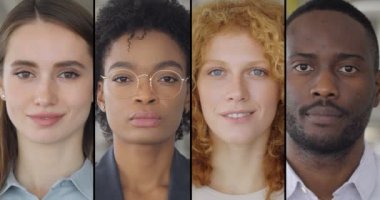 Melez iş adamlarının kolaj portresi. Genç uluslararası grup, kadın ve erkek kameraya bakıyor. Çoklu Ekran. Yaz zamanı. İş konsepti.