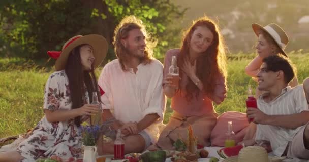 Mujer emocional diciendo algo a amigos alegres y tintineo mientras que tienen picnic. Millennial personas escuchando, aplaudiendo y abrazando a una amiga mientras está sentada en la hierba. — Vídeo de stock