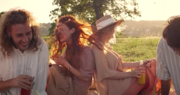 Recorte de vista de amigos milenarios riendo mientras se sienta en la hierba en el parque. Grupo de personas felices sosteniendo botellas de vidrio con bebida mientras hacen picnic y se divierten. Concepto de emociones positivas. — Vídeo de stock