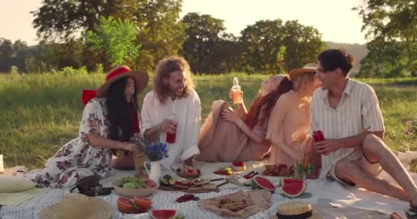 Millennial friends laughing while sitting on grass in park. Cheerful good looking men and women holding glass bottles with drink while having picnic. Concept of positive emotions. – Stock-video