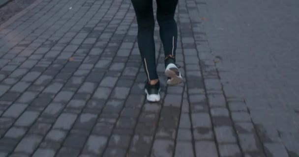 Vue de derrière de la femme en costume de sport en cours d'exécution dans le parc. Femme inconnue en jogging hijab. Concept de mode de vie sain, le sport. À l'extérieur. — Video