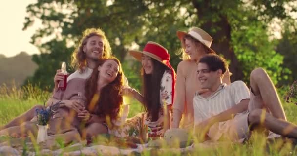 Joven mujer asiática diciendo algo a sus amigos mientras hacen un picnic. Millennial gente guapa escuchando a una amiga y sosteniendo botellas de vidrio mientras está sentada en la hierba. — Vídeo de stock